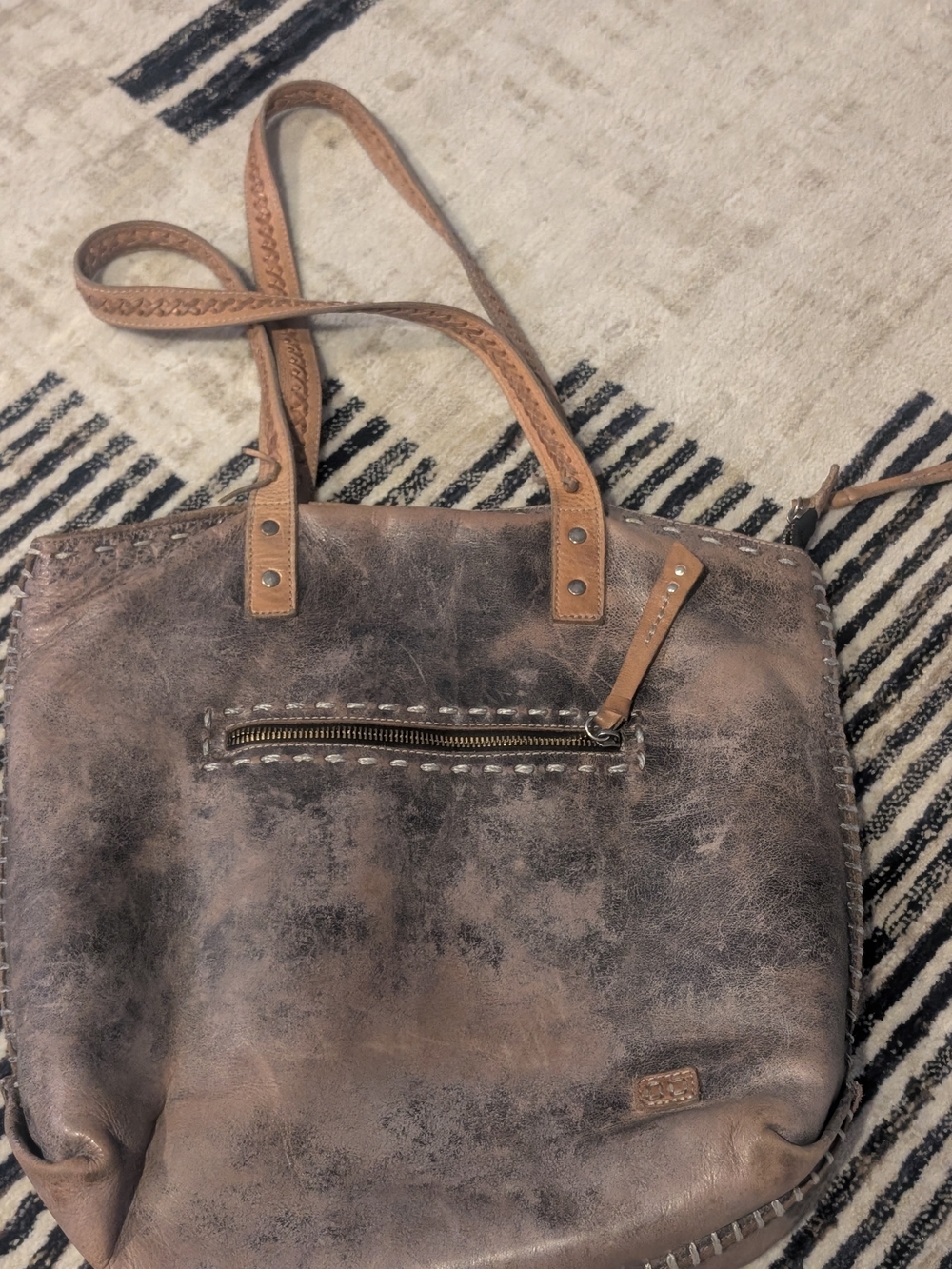 Bed Stu Two-Tone Distressed Leather Shoulder Tote in Brown and Tan
